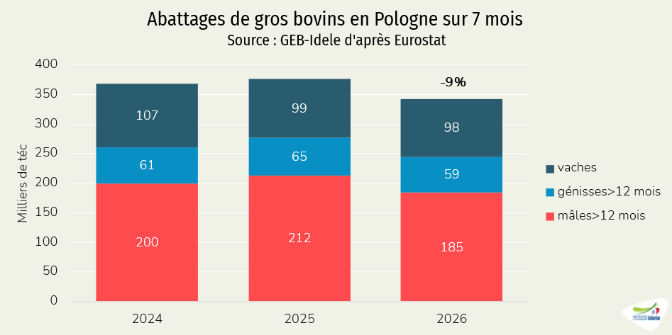 Abattages de gros bovins en Pologne sur 7 mois
